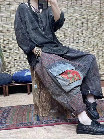 Plus Size Loose Pants - 100% Cotton, Elastic Waist, Patchwork Design - Women's Fashion - 5