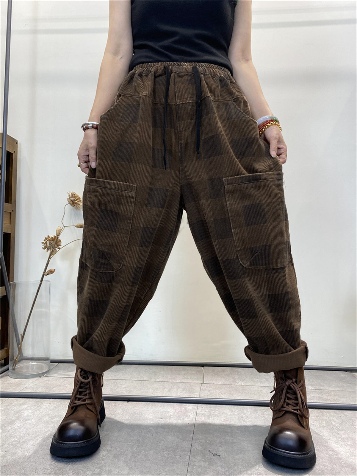 Harem Pants Women - Plus Size Retro Plaid Corduroy, Elastic Waist, Full Length - Brand Name - 1