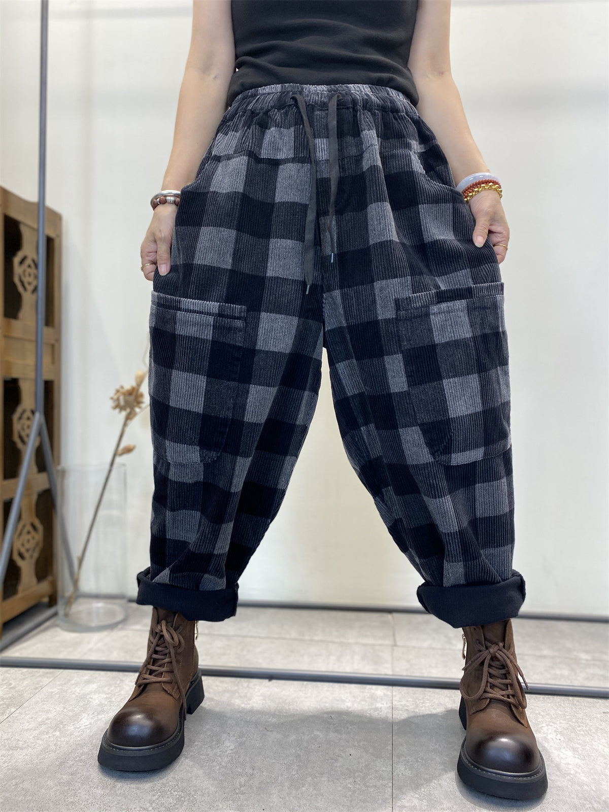 Harem Pants Women - Plus Size Retro Plaid Corduroy, Elastic Waist, Full Length - Brand Name - 2