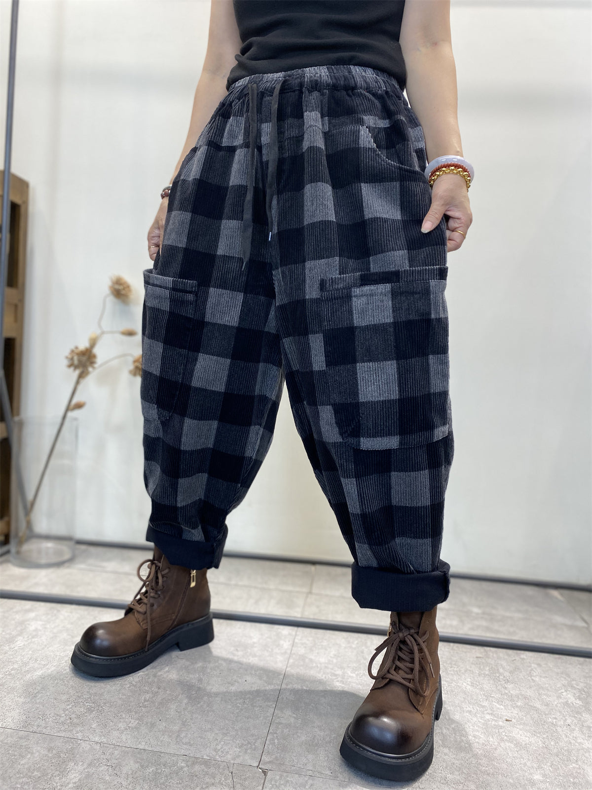 Harem Pants Women - Plus Size Retro Plaid Corduroy, Elastic Waist, Full Length - Brand Name - 4