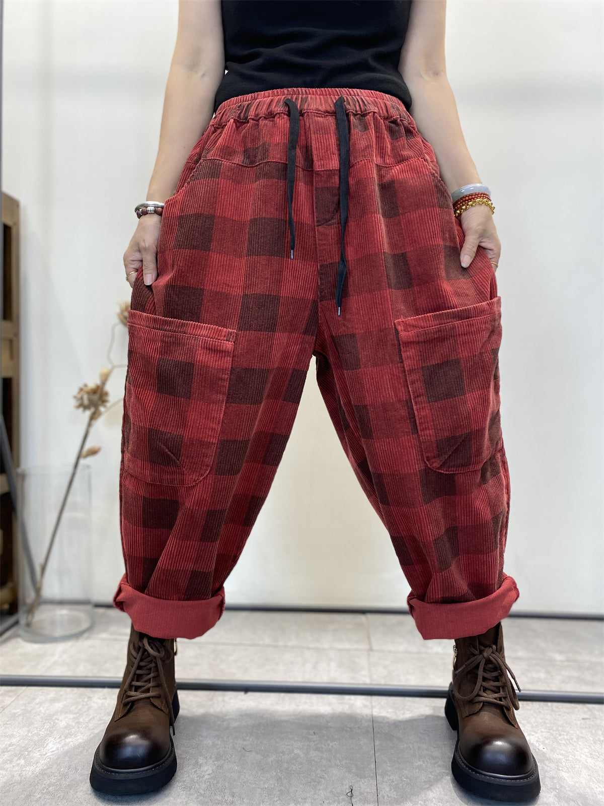 Harem Pants Women - Plus Size Retro Plaid Corduroy, Elastic Waist, Full Length - Brand Name - 5