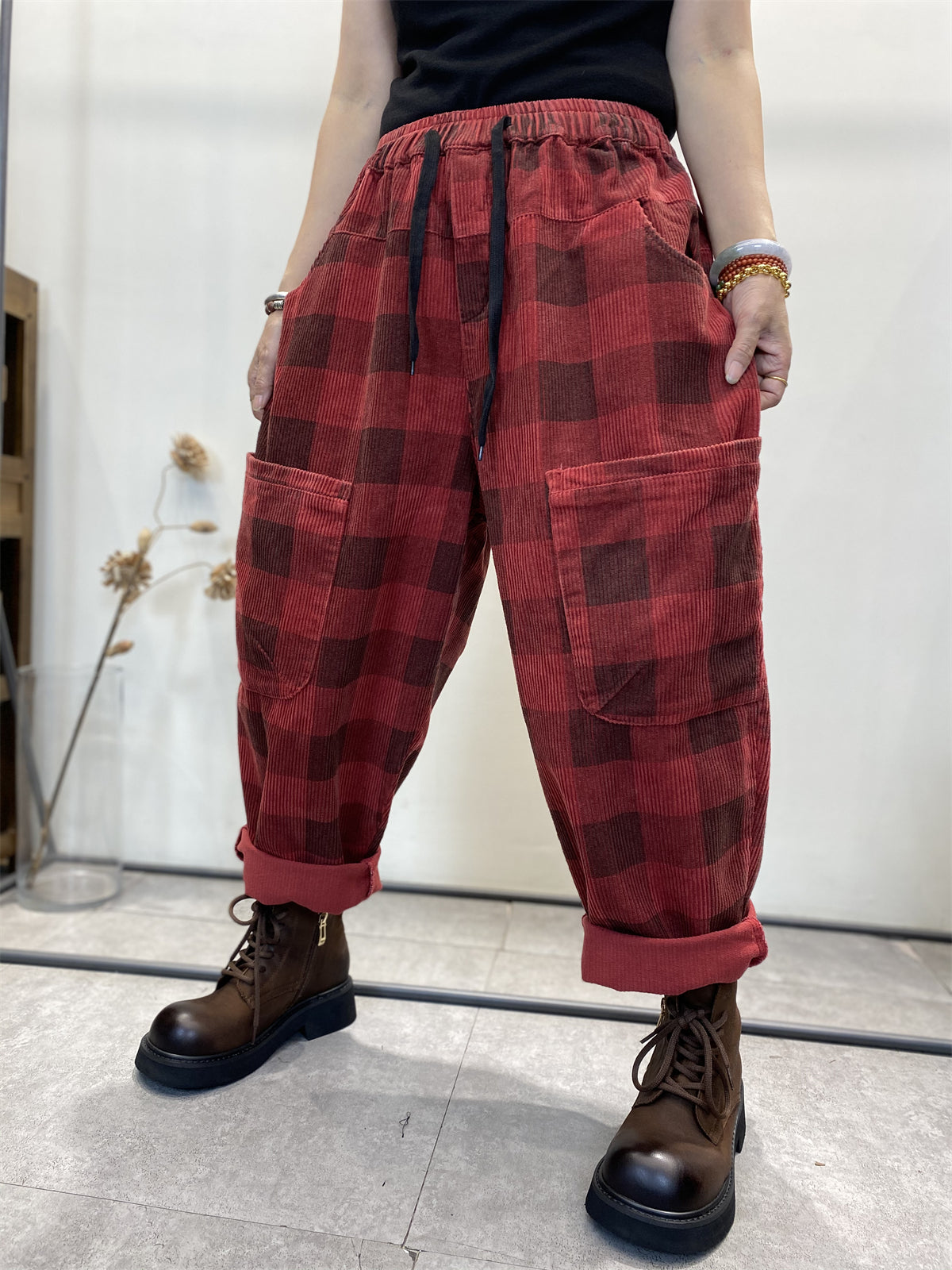 Harem Pants Women - Plus Size Retro Plaid Corduroy, Elastic Waist, Full Length - Brand Name - 6