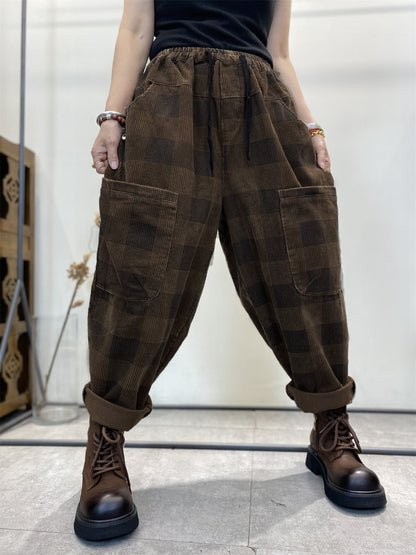 Harem Pants Women - Plus Size Retro Plaid Corduroy, Elastic Waist, Full Length - Brand Name - 7
