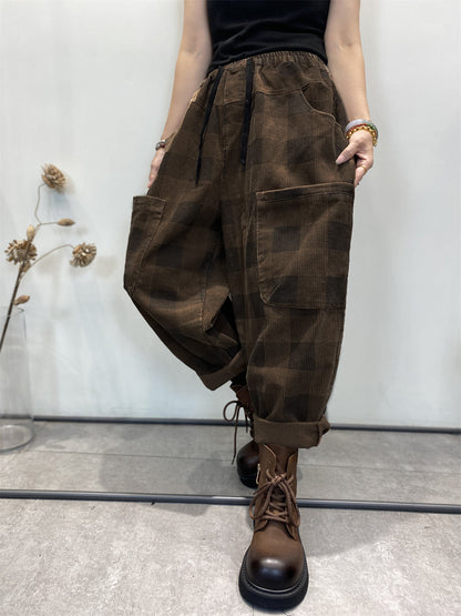 Harem Pants Women - Plus Size Retro Plaid Corduroy, Elastic Waist, Full Length - Brand Name - 8