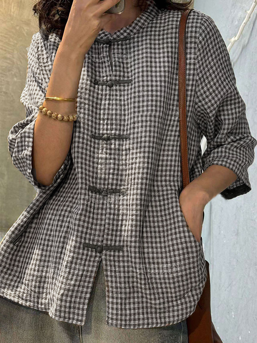 Women's Shirt Plus Size Retro Plaid Button-Up, 100% Cotton, Three-Quarter Sleeves - Vintage Style - 1