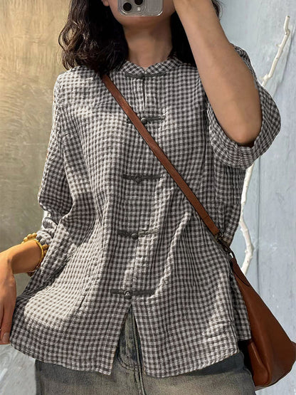Women's Shirt Plus Size Retro Plaid Button-Up, 100% Cotton, Three-Quarter Sleeves - Vintage Style - 2