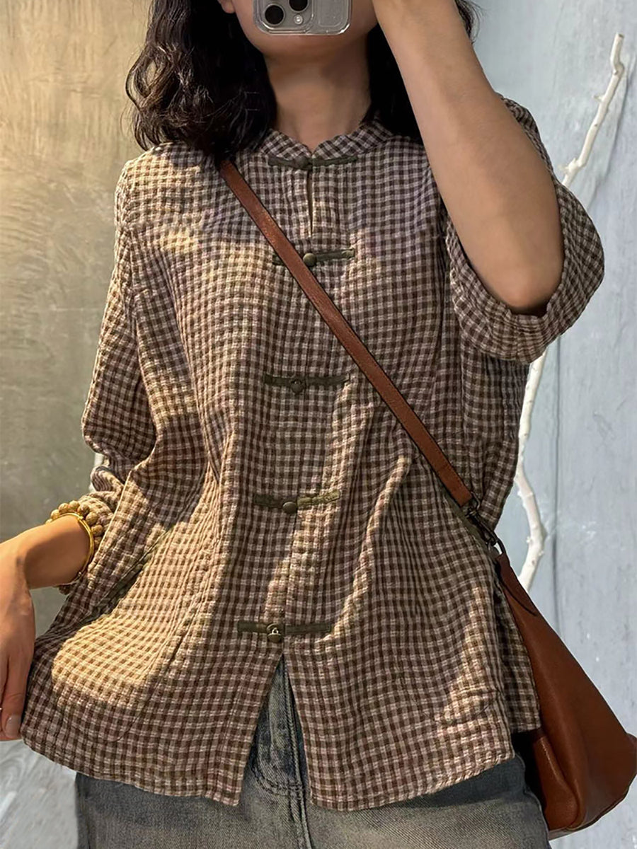 Women's Shirt Plus Size Retro Plaid Button-Up, 100% Cotton, Three-Quarter Sleeves - Vintage Style - 6