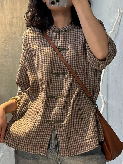 Women's Shirt Plus Size Retro Plaid Button-Up, 100% Cotton, Three-Quarter Sleeves - Vintage Style - 6