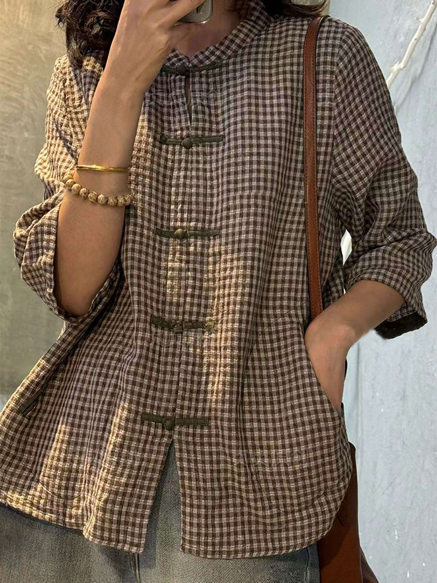 Women's Shirt Plus Size Retro Plaid Button-Up, 100% Cotton, Three-Quarter Sleeves - Vintage Style - 7