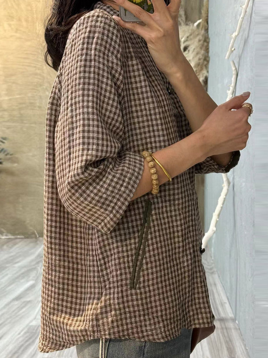 Women's Shirt Plus Size Retro Plaid Button-Up, 100% Cotton, Three-Quarter Sleeves - Vintage Style - 8