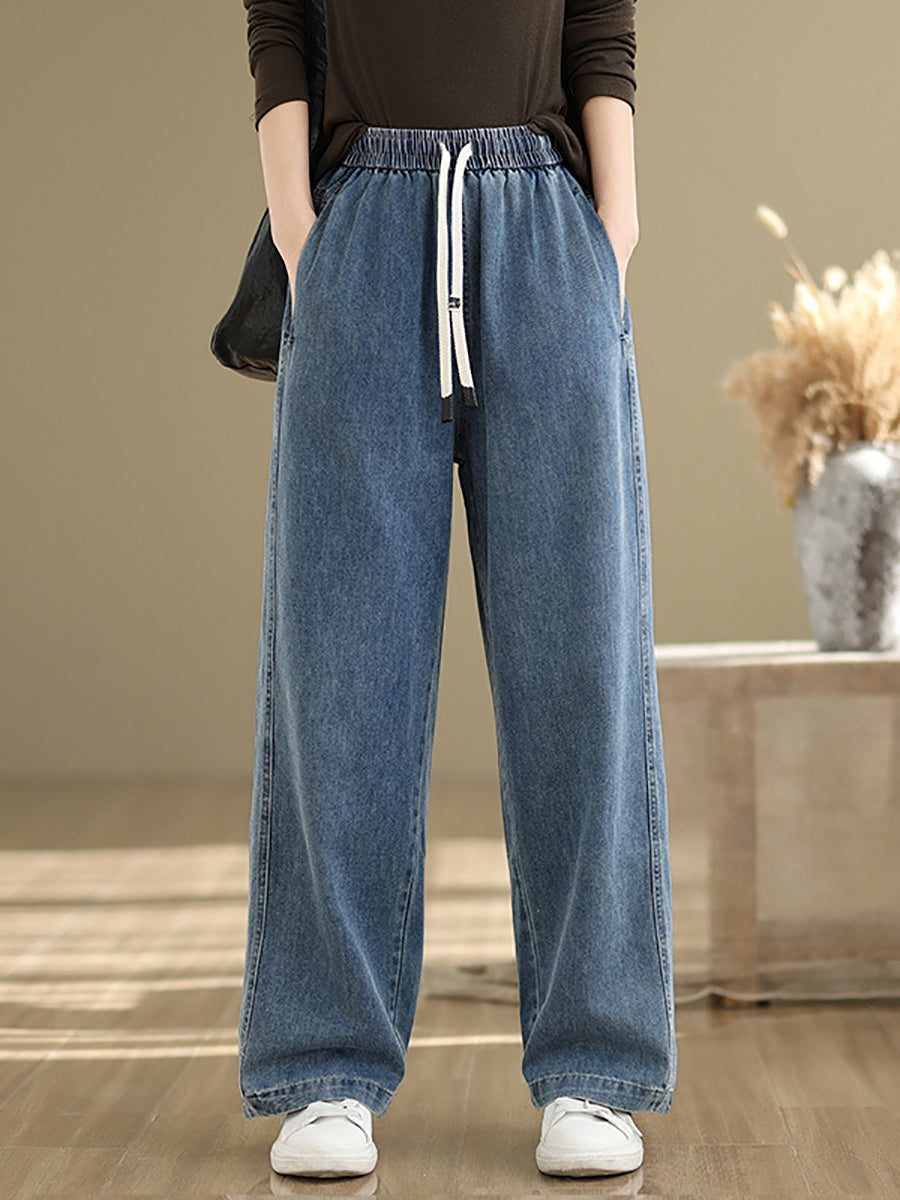 Denim Straight Pants For Women, Elastic Waistband, Retro Style, Casual Spring Look - Brand Not Specified - 1