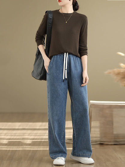 Denim Straight Pants For Women, Elastic Waistband, Retro Style, Casual Spring Look - Brand Not Specified - 2