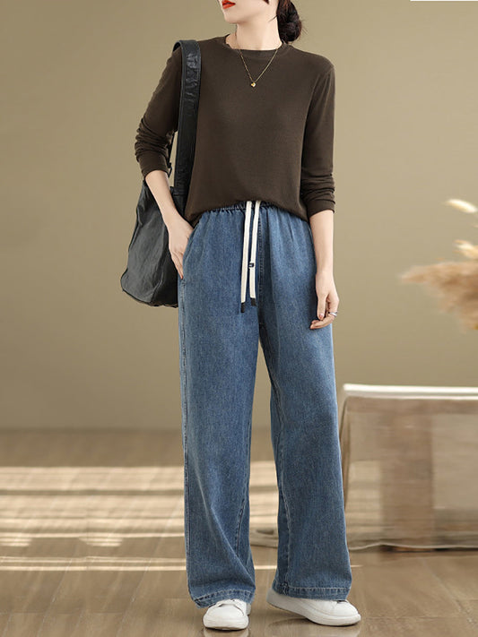 Denim Straight Pants For Women, Elastic Waistband, Retro Style, Casual Spring Look - Brand Not Specified - 2