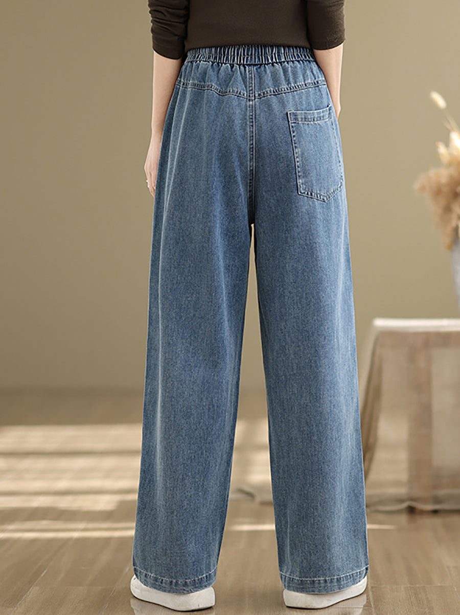 Denim Straight Pants For Women, Elastic Waistband, Retro Style, Casual Spring Look - Brand Not Specified - 3