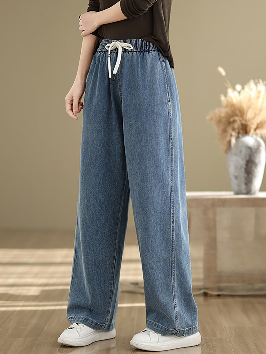Denim Straight Pants For Women, Elastic Waistband, Retro Style, Casual Spring Look - Brand Not Specified - 4