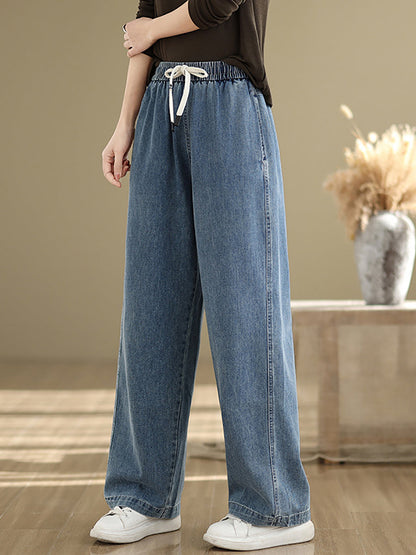 Denim Straight Pants For Women, Elastic Waistband, Retro Style, Casual Spring Look - Brand Not Specified - 4