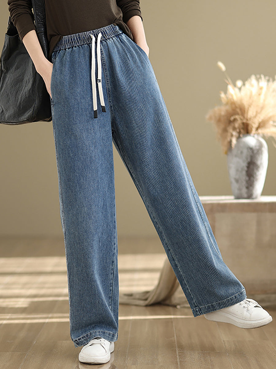 Denim Straight Pants For Women, Elastic Waistband, Retro Style, Casual Spring Look - Brand Not Specified - 5