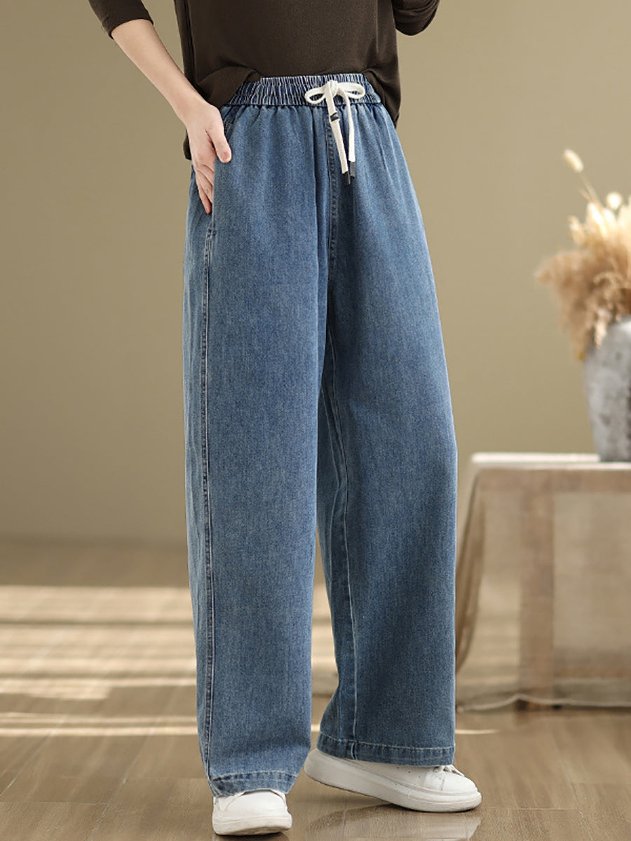 Denim Straight Pants For Women, Elastic Waistband, Retro Style, Casual Spring Look - Brand Not Specified - 6
