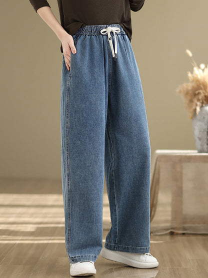 Denim Straight Pants For Women, Elastic Waistband, Retro Style, Casual Spring Look - Brand Not Specified - 6