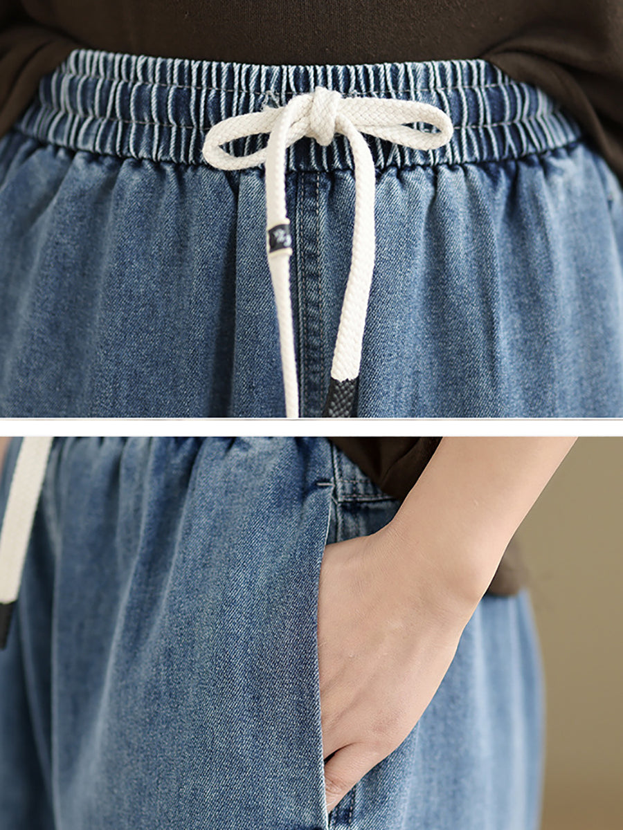 Denim Straight Pants For Women, Elastic Waistband, Retro Style, Casual Spring Look - Brand Not Specified - 7