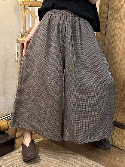 Women's Linen Pants - Plus Size Wide Leg, Comfortable Elastic Waist, Stylish Plaid Pattern - Brand Name - 1