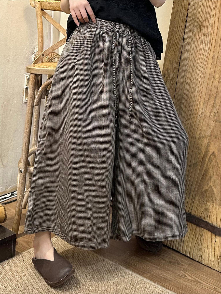 Women's Linen Pants - Plus Size Wide Leg, Comfortable Elastic Waist, Stylish Plaid Pattern - Brand Name - 2