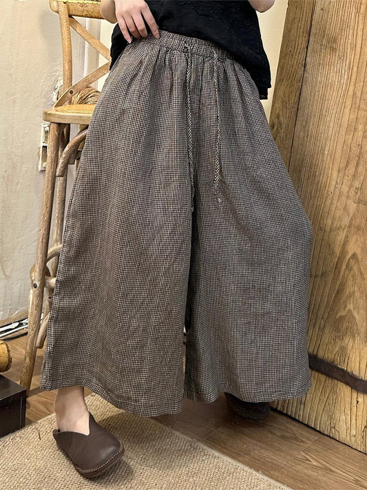Women's Linen Pants - Plus Size Wide Leg, Comfortable Elastic Waist, Stylish Plaid Pattern - Brand Name - 2