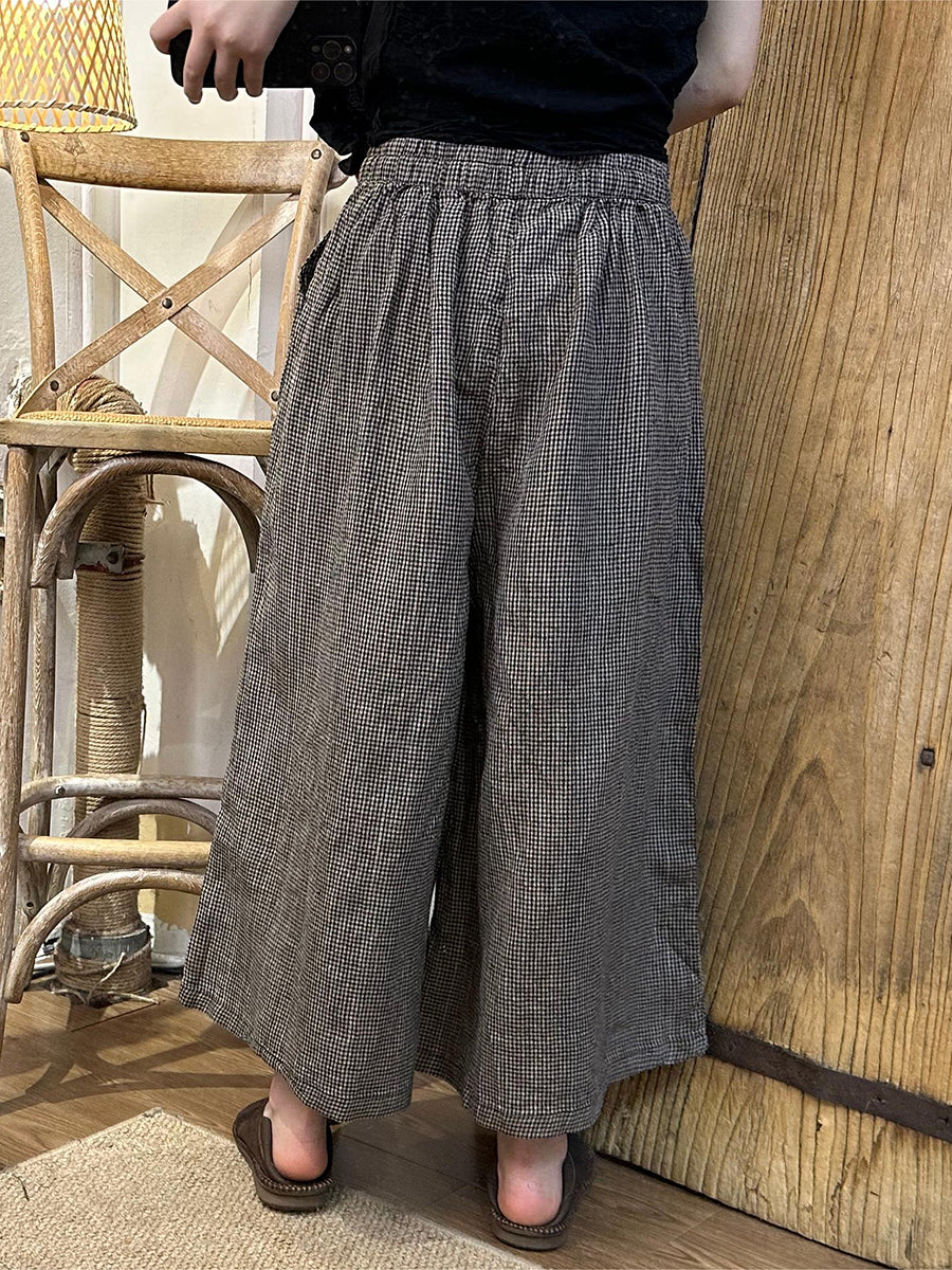 Women's Linen Pants - Plus Size Wide Leg, Comfortable Elastic Waist, Stylish Plaid Pattern - Brand Name - 3