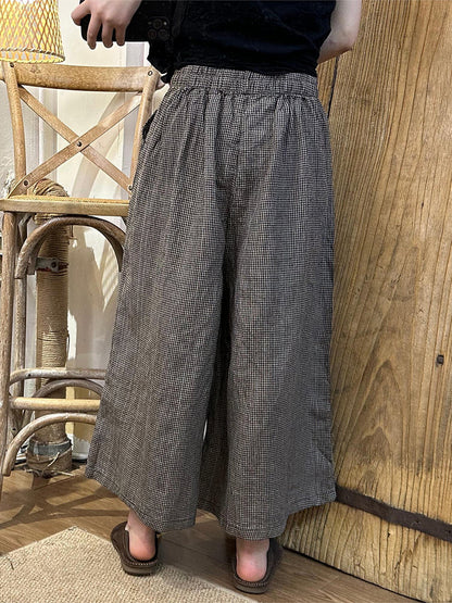 Women's Linen Pants - Plus Size Wide Leg, Comfortable Elastic Waist, Stylish Plaid Pattern - Brand Name - 3