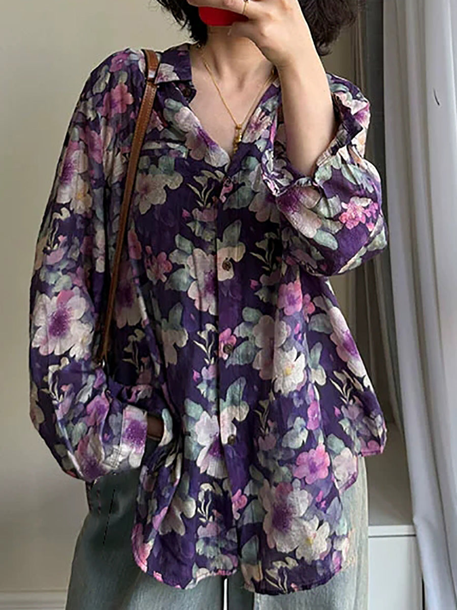 Women's Plus Size Artsy Flower Long Sleeve Shirt, Turn-Down Collar, Lightweight Summer Top - Brand Name - 1