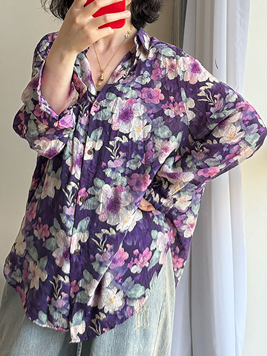 Women's Plus Size Artsy Flower Long Sleeve Shirt, Turn-Down Collar, Lightweight Summer Top - Brand Name - 2