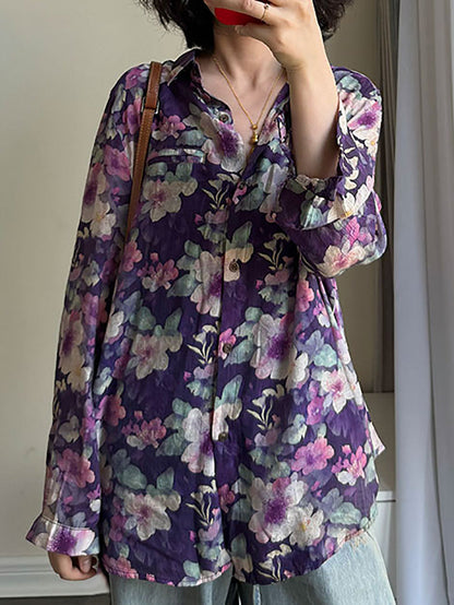 Women's Plus Size Artsy Flower Long Sleeve Shirt, Turn-Down Collar, Lightweight Summer Top - Brand Name - 3