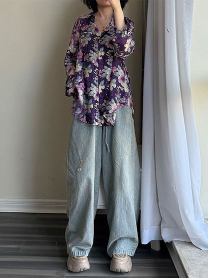 Women's Plus Size Artsy Flower Long Sleeve Shirt, Turn-Down Collar, Lightweight Summer Top - Brand Name - 6