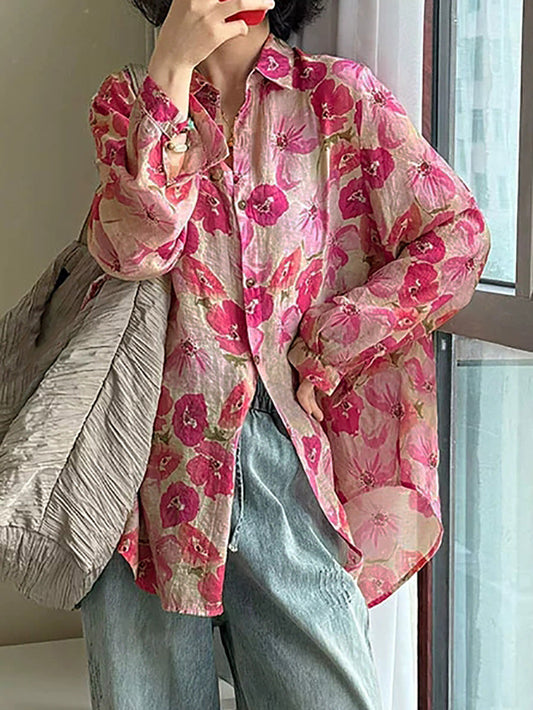 Women's Plus Size Shirt - Artsy Flower Design, Classic Turn-Down Collar, Full Sleeves - Stylish Spring/Summer Wear - 1