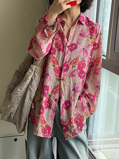 Women's Plus Size Shirt - Artsy Flower Design, Classic Turn-Down Collar, Full Sleeves - Stylish Spring/Summer Wear - 2