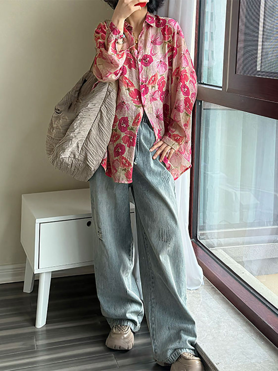 Women's Plus Size Shirt - Artsy Flower Design, Classic Turn-Down Collar, Full Sleeves - Stylish Spring/Summer Wear - 3