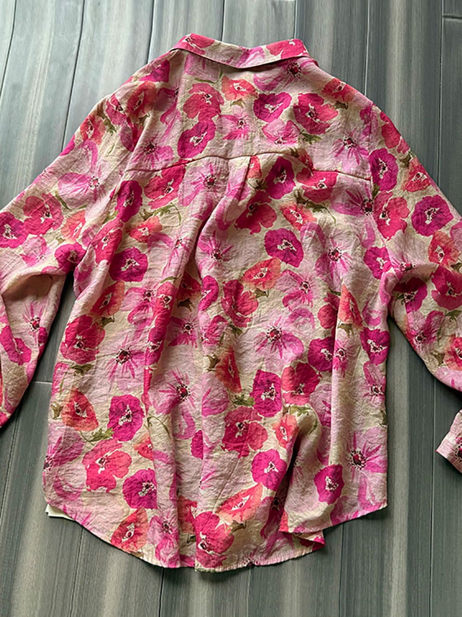 Women's Plus Size Shirt - Artsy Flower Design, Classic Turn-Down Collar, Full Sleeves - Stylish Spring/Summer Wear - 5