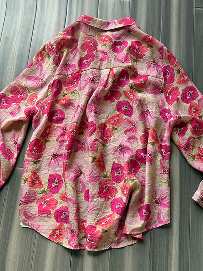 Women's Plus Size Shirt - Artsy Flower Design, Classic Turn-Down Collar, Full Sleeves - Stylish Spring/Summer Wear - 5