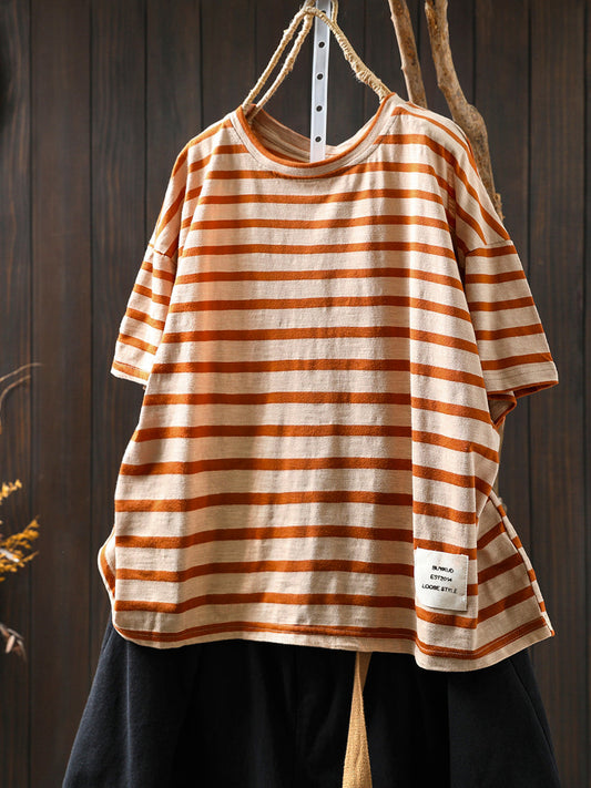 Women's Shirt - Plus Size Casual Colorblock Stripe, O-Neck, Short Sleeves - Brand Name - 1