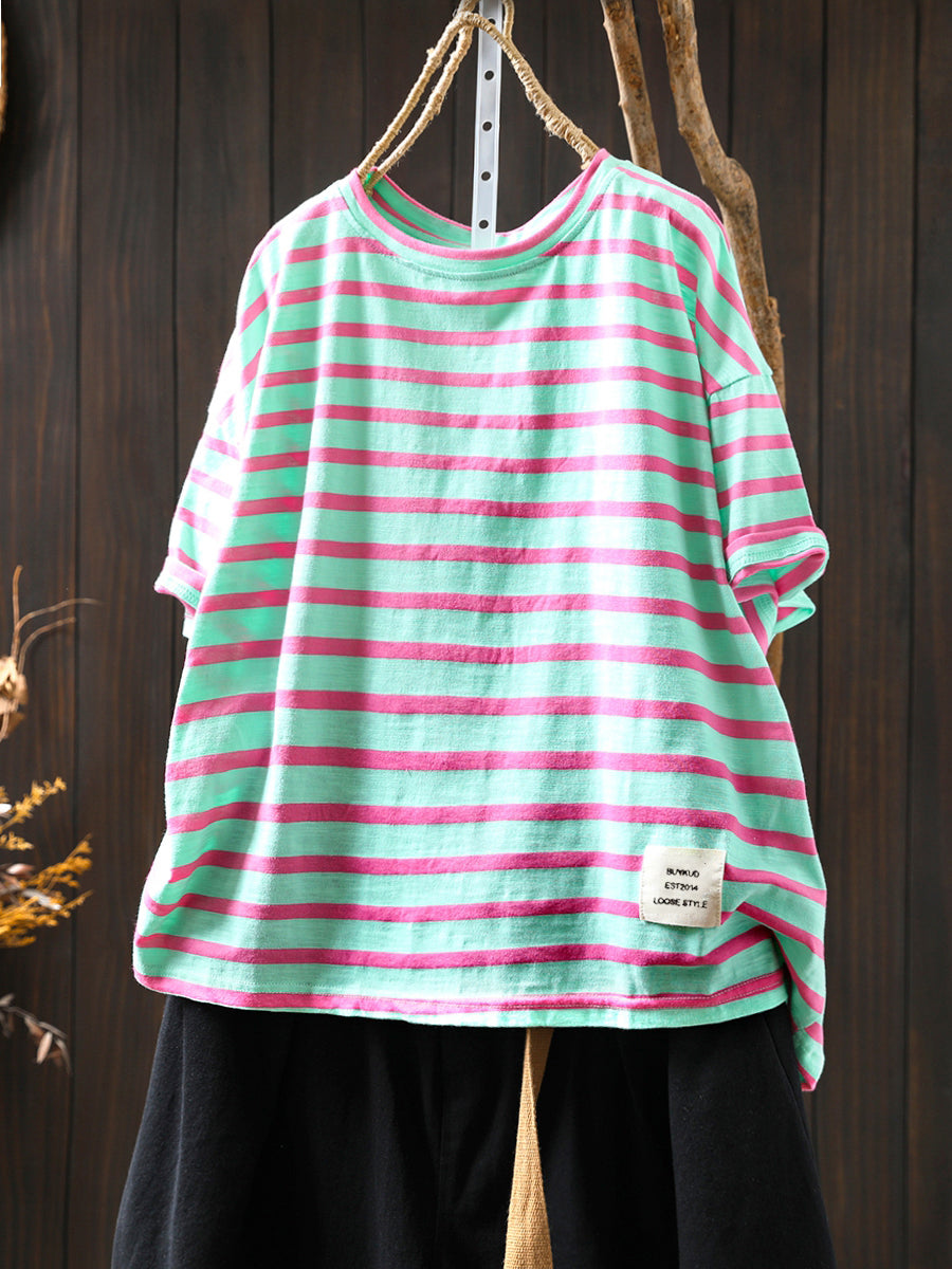 Women's Shirt - Plus Size Casual Colorblock Stripe, O-Neck, Short Sleeves - Brand Name - 2