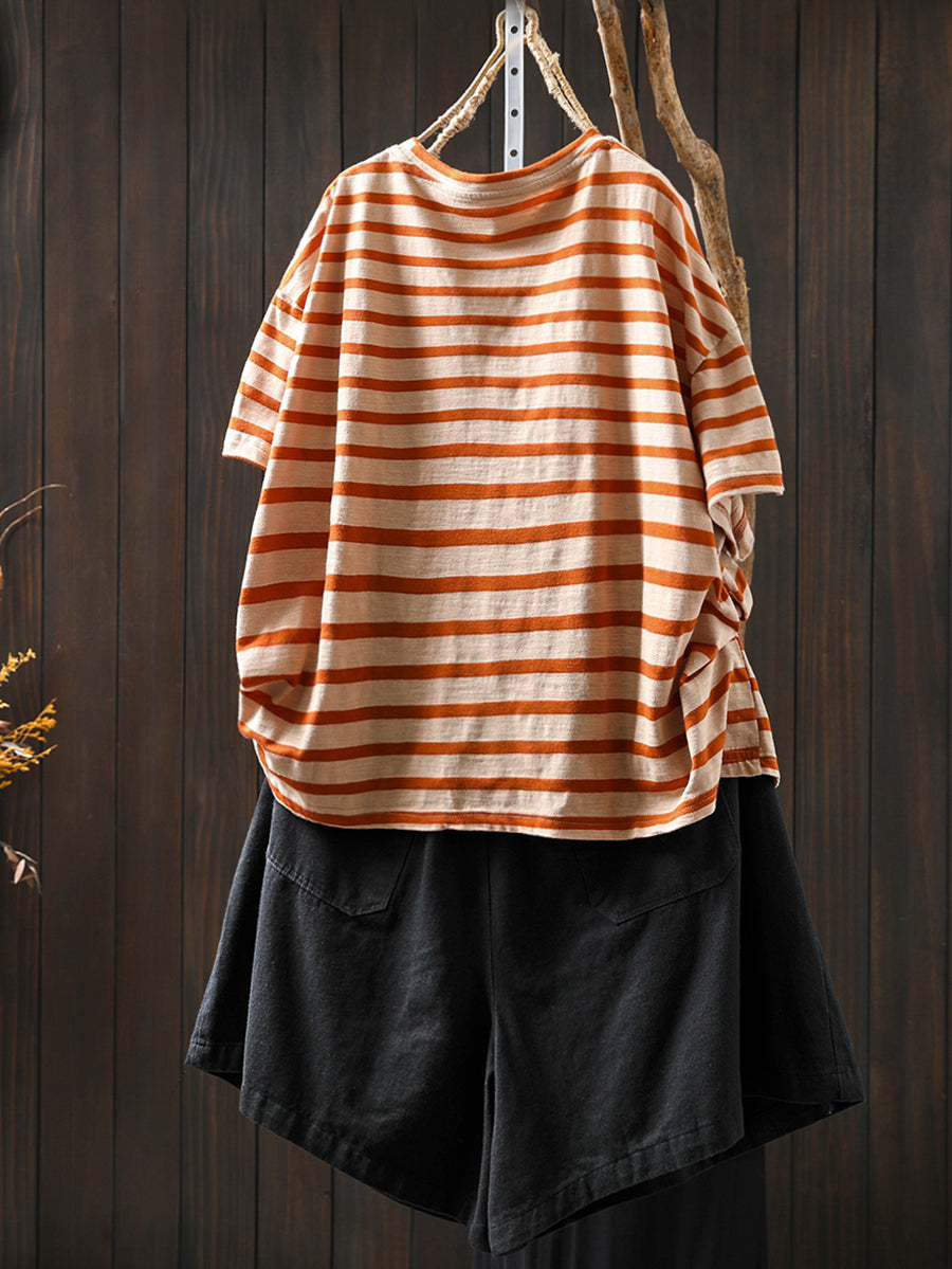 Women's Shirt - Plus Size Casual Colorblock Stripe, O-Neck, Short Sleeves - Brand Name - 3