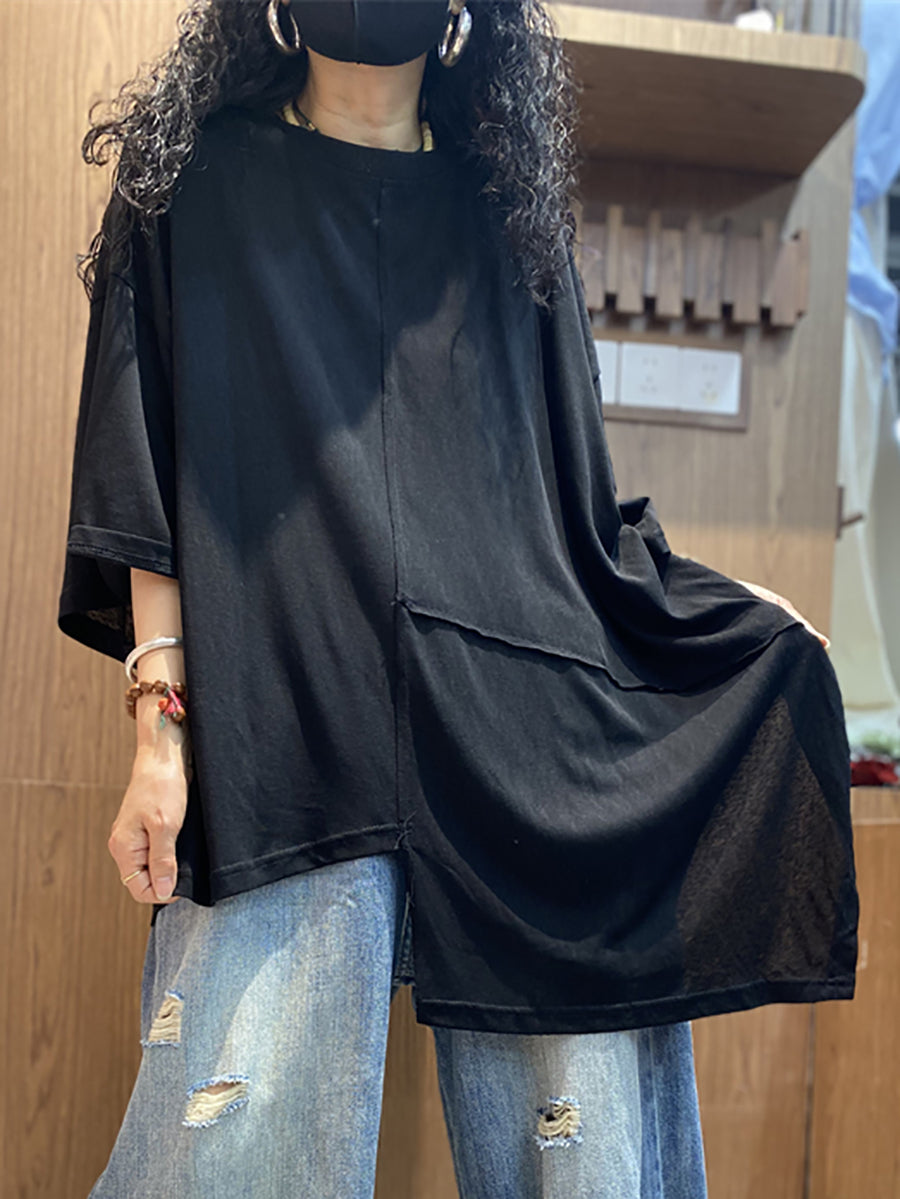 Women's Shirt - Plus Size Casual O-Neck, Irregular Spliced Design, Soft Cotton Blend - Brand Name - 1