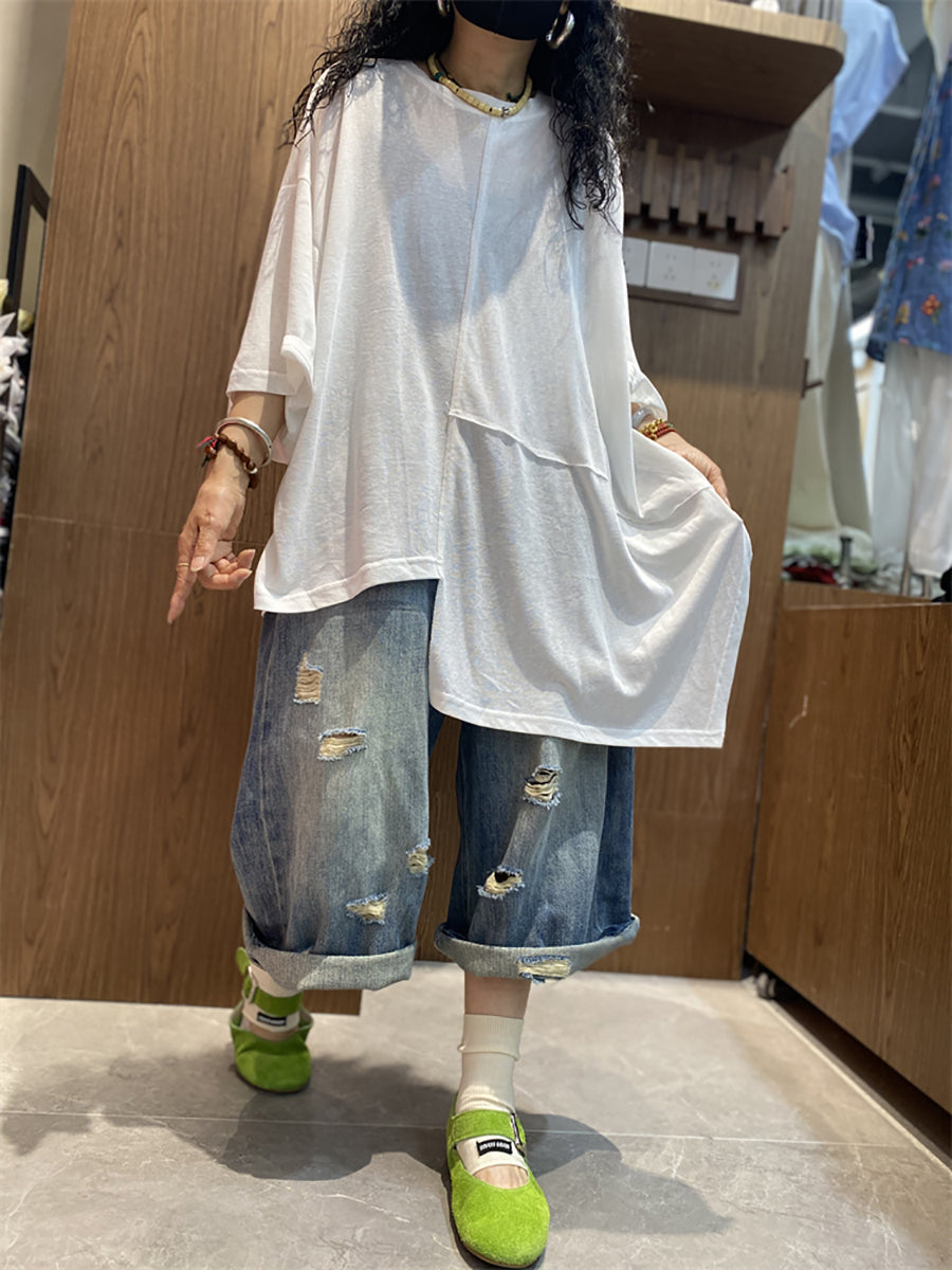 Women's Shirt - Plus Size Casual O-Neck, Irregular Spliced Design, Soft Cotton Blend - Brand Name - 3