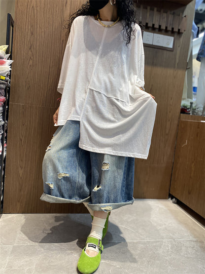 Women's Shirt - Plus Size Casual O-Neck, Irregular Spliced Design, Soft Cotton Blend - Brand Name - 4