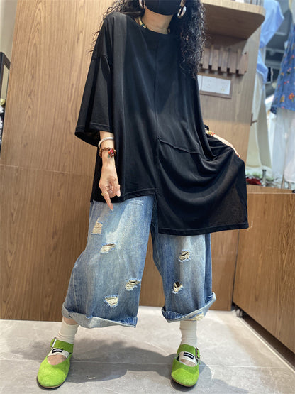 Women's Shirt - Plus Size Casual O-Neck, Irregular Spliced Design, Soft Cotton Blend - Brand Name - 6