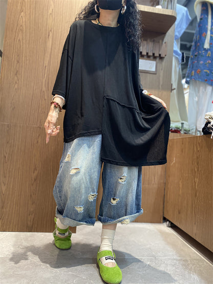 Women's Shirt - Plus Size Casual O-Neck, Irregular Spliced Design, Soft Cotton Blend - Brand Name - 7