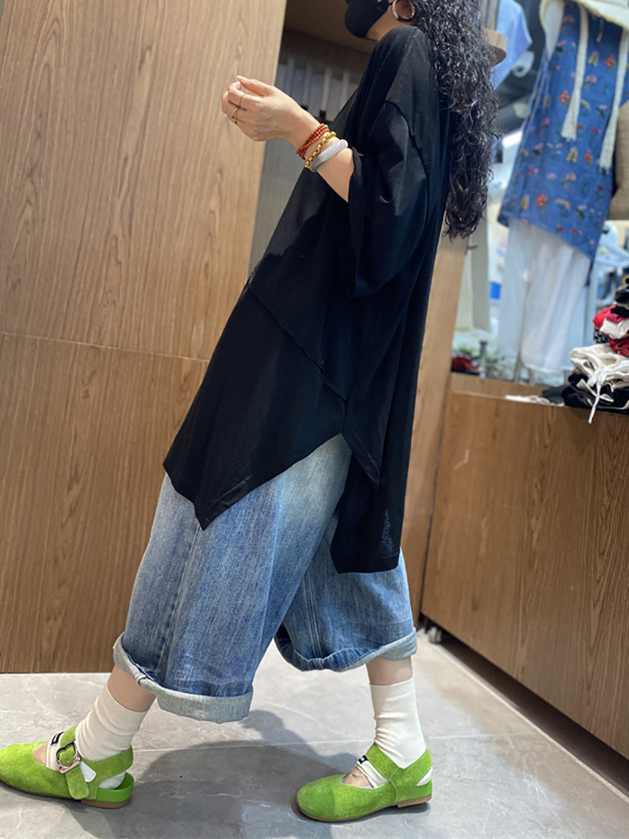 Women's Shirt - Plus Size Casual O-Neck, Irregular Spliced Design, Soft Cotton Blend - Brand Name - 8