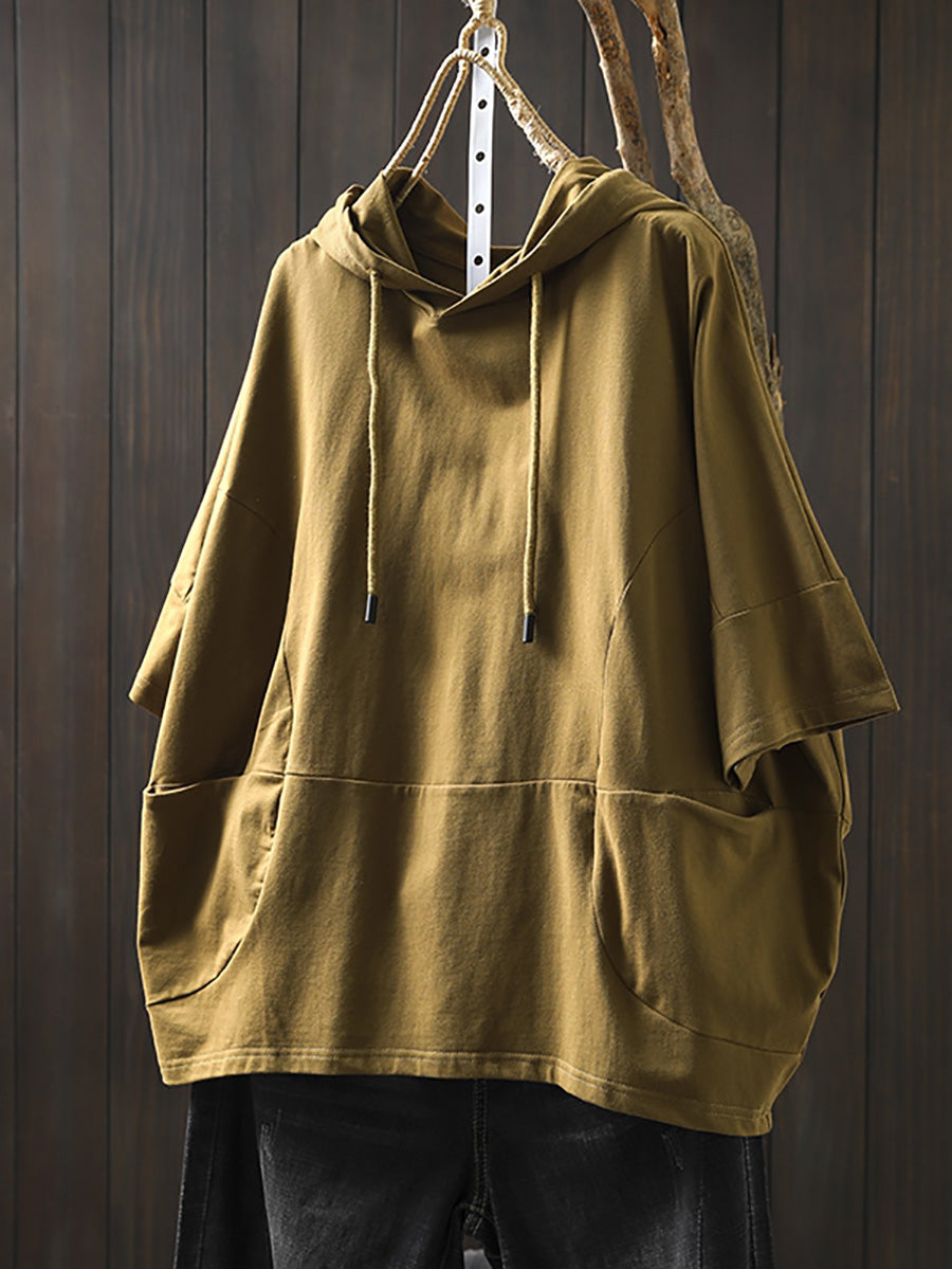 Women's Shirt Plus Size Casual Hooded Cotton Top, Three-Quarter Sleeves, Relaxed Fit - Brand Name - 2