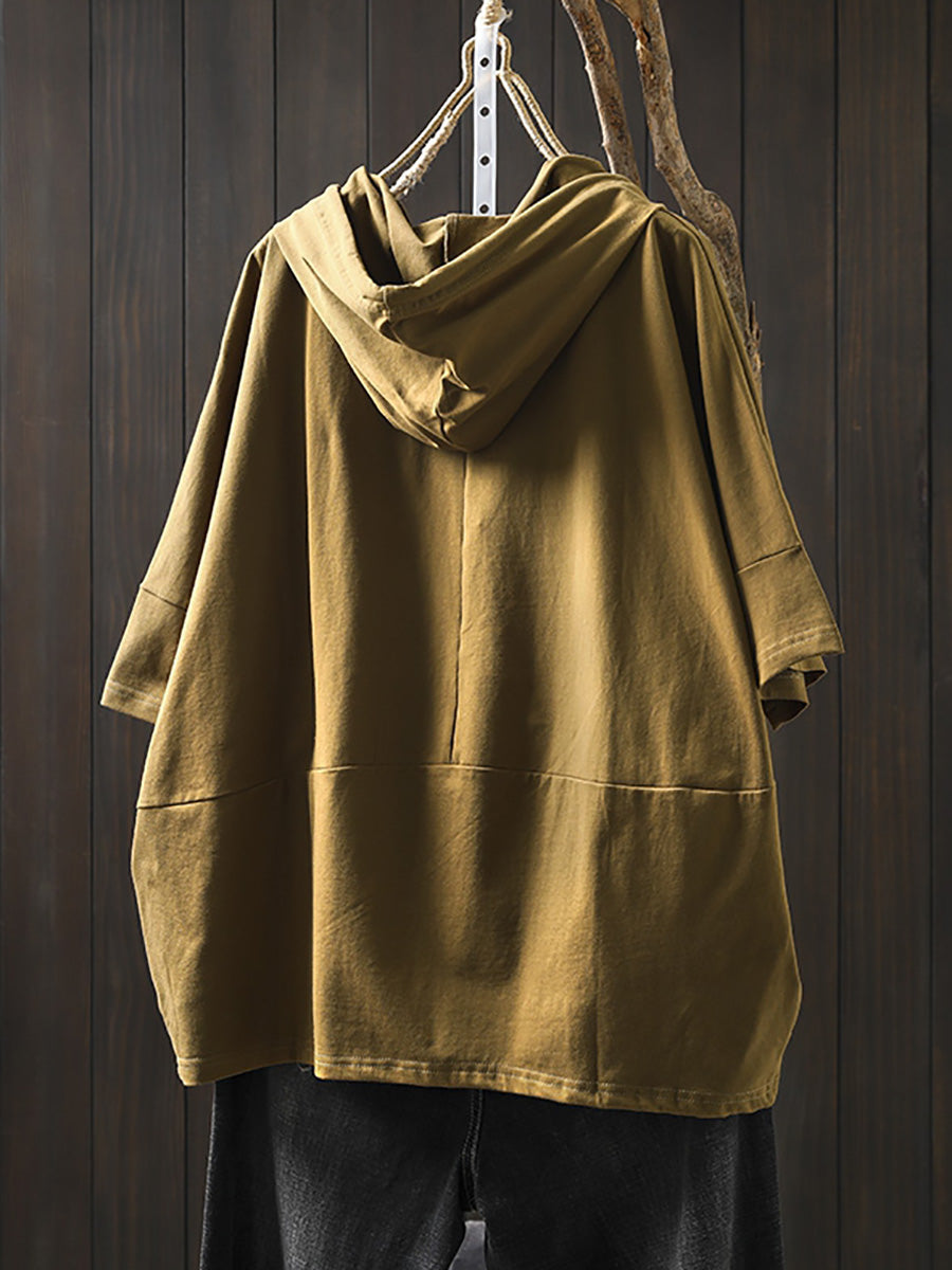 Women's Shirt Plus Size Casual Hooded Cotton Top, Three-Quarter Sleeves, Relaxed Fit - Brand Name - 7