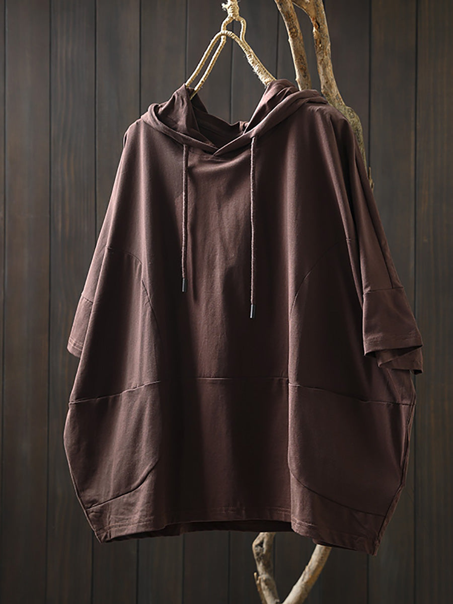 Women's Shirt Plus Size Casual Hooded Cotton Top, Three-Quarter Sleeves, Relaxed Fit - Brand Name - 9